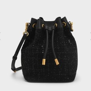 Woven Handle Tweed Bucket Bag